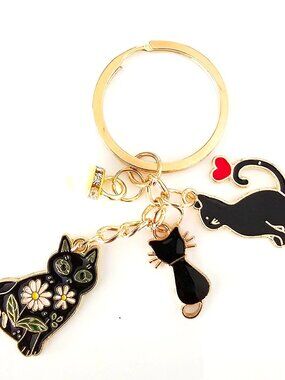 Black Cat Keychain Gold Tone Multi Charm Kitty Heart Rhinestone Cute Gift Pet